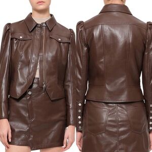 NWT Jonathan Simkhai Wyatt Vegan Leather Coffee Brown Puff Sleeve Jacket Size XS